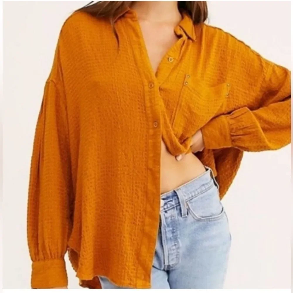 We The Free FREE PEOPLE HIDDEN VALLEY BLOUSON SOLID SHIRT Mustard Sz L